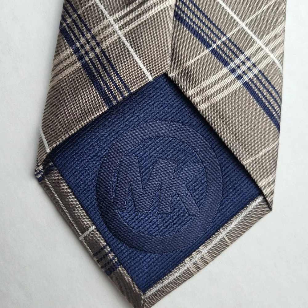 Michael Kors 100% Silk Taupe‎ Blue White Diagonal Plaid Tie 2.5